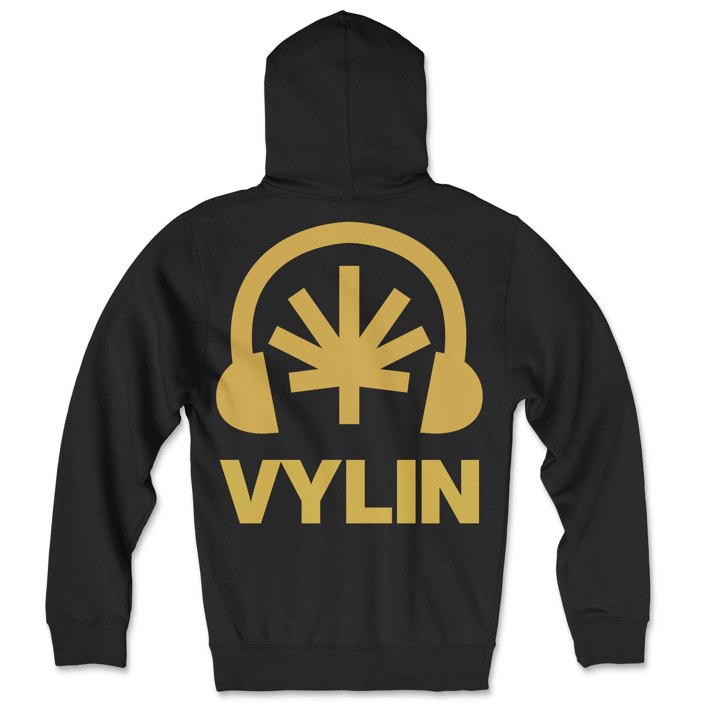 Black zip hoodie lay-flat; oversized gold Headphones + leaf + VYLIN word mark back print