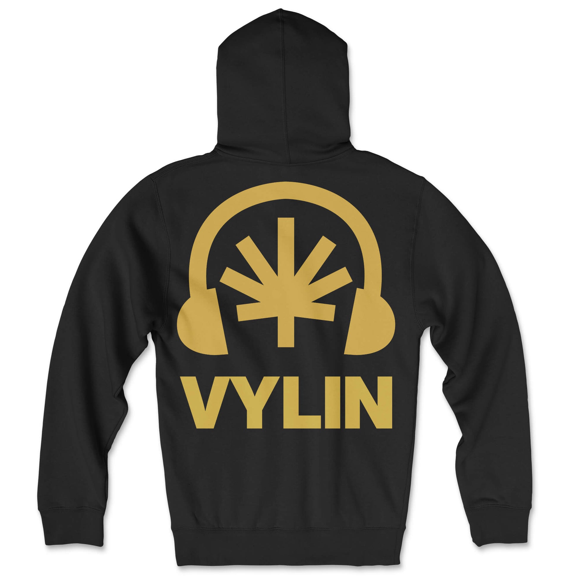 Black zip hoodie lay-flat; oversized gold Headphones + leaf + VYLIN word mark back print