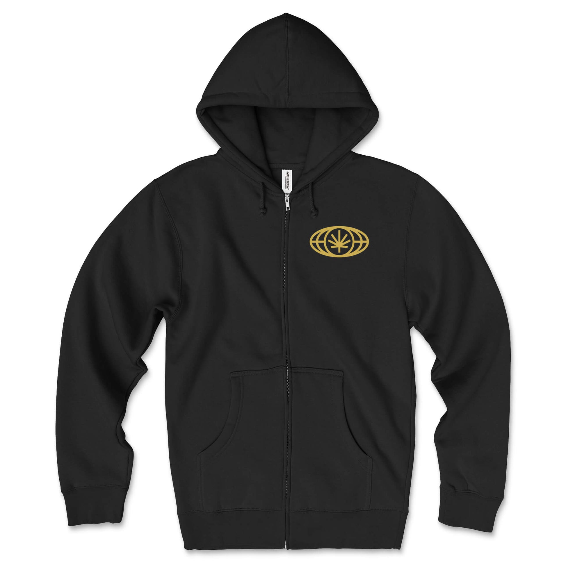 Black zip hoodie lay-flat; small VYLIN globe icon at left chest