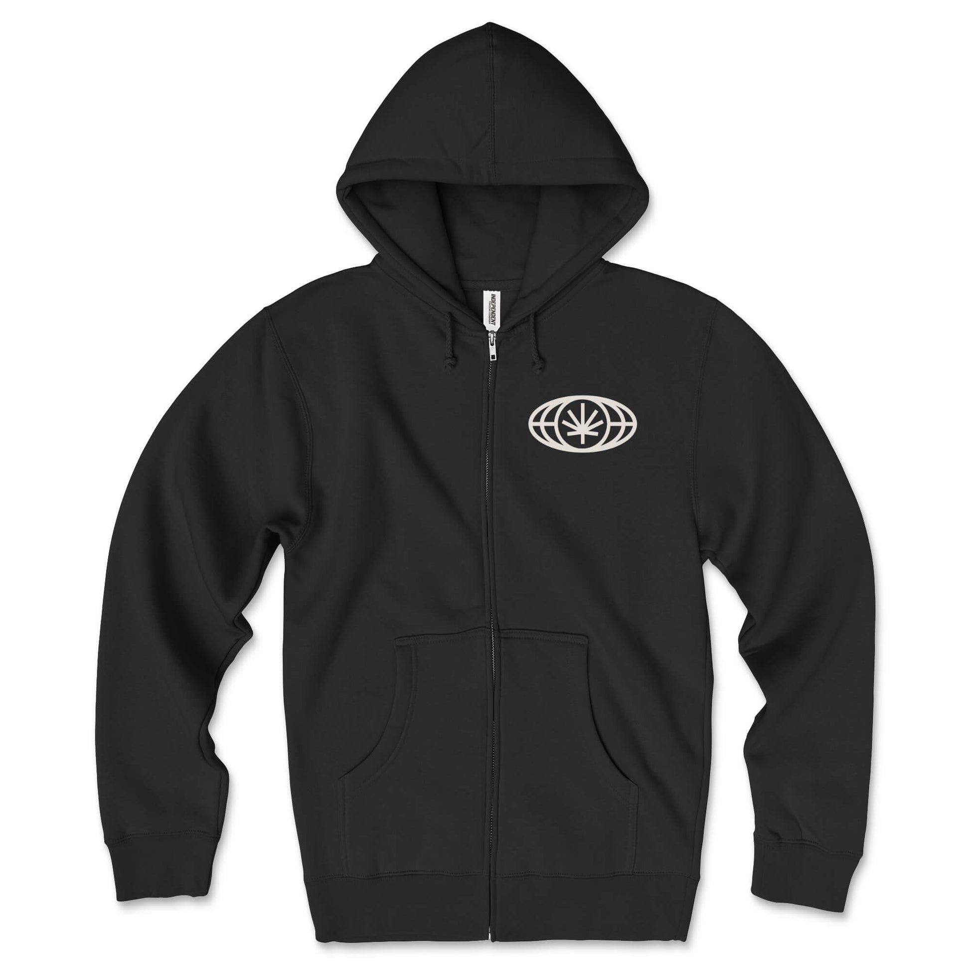 Black zip hoodie lay-flat; small VYLIN globe icon at left chest