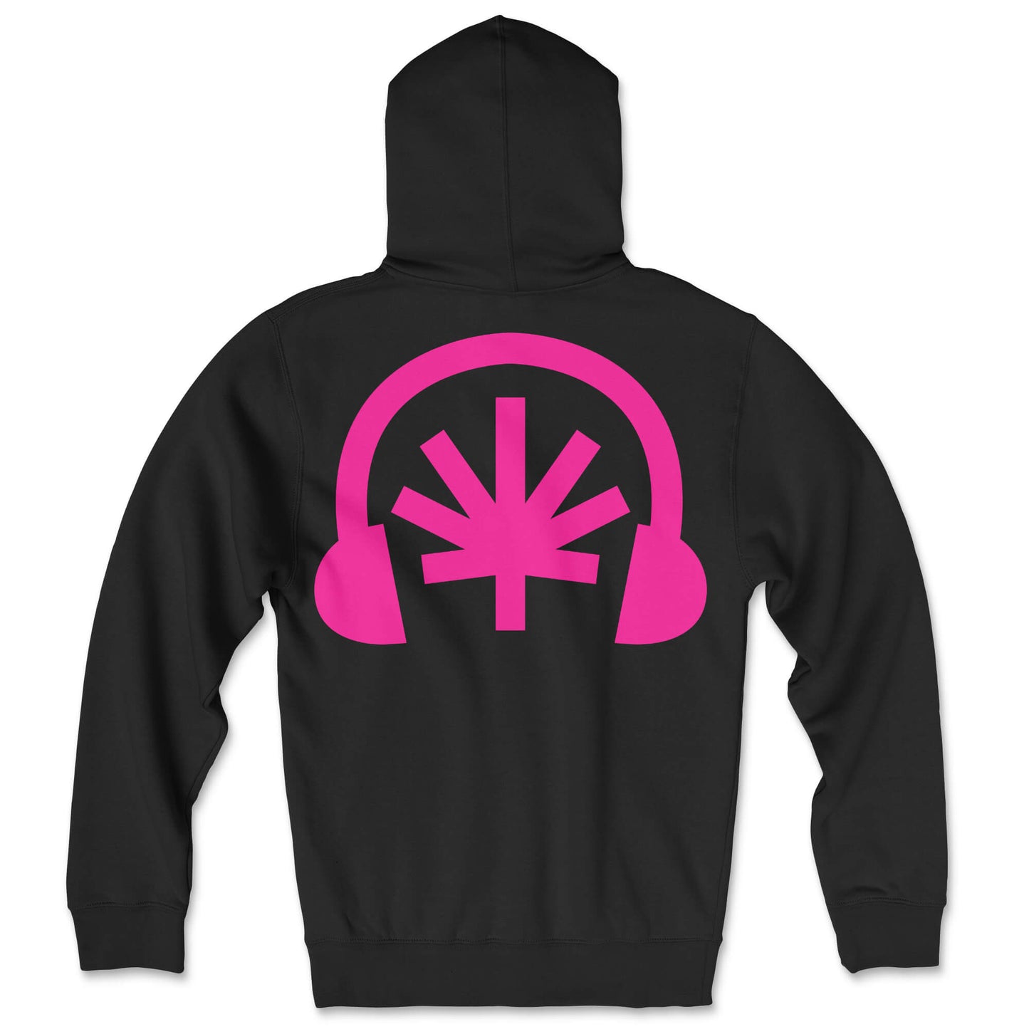 VYLIN black zip hoodie lay-flat; oversized hot pink headphones + stylized leaf back print