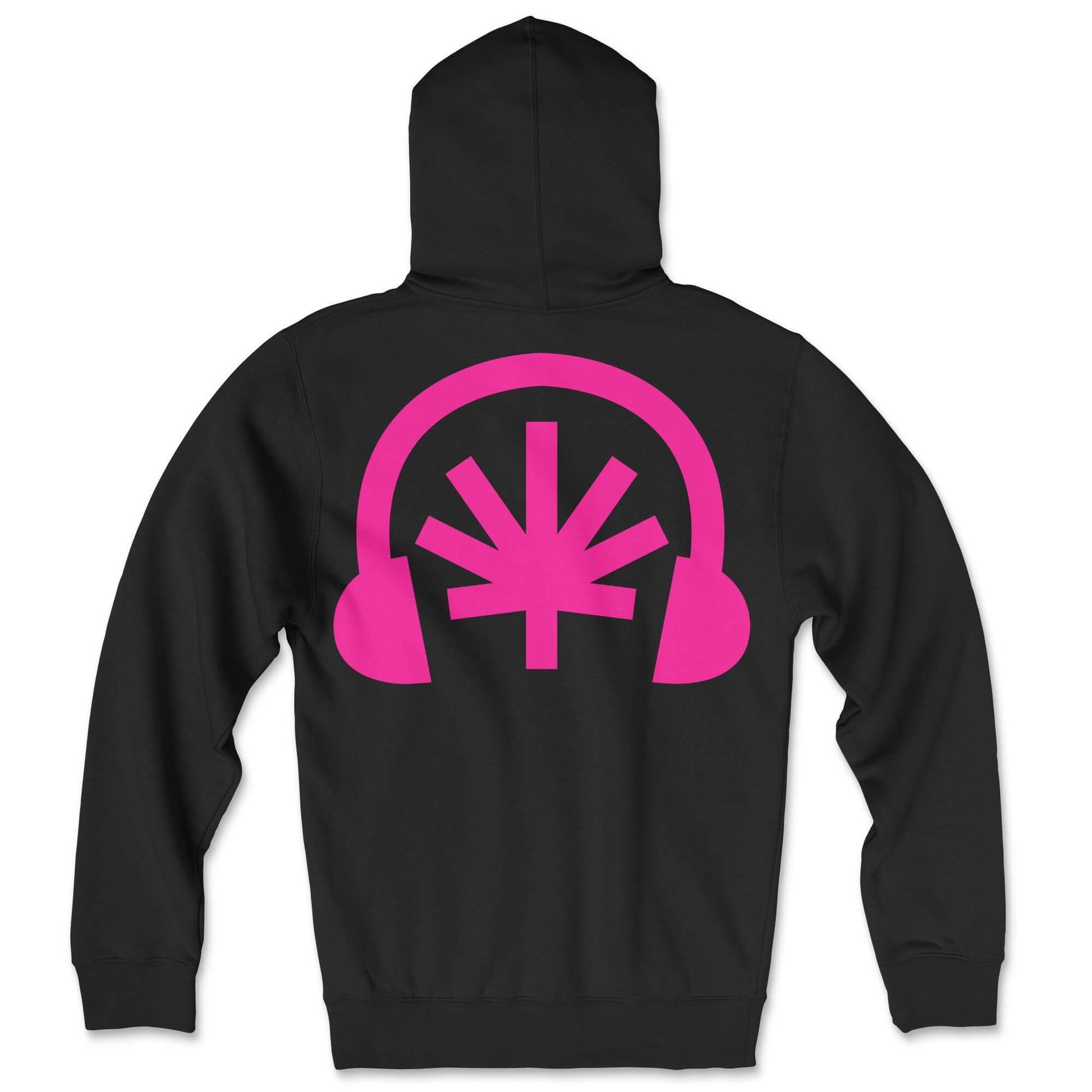 VYLIN black zip hoodie lay-flat; oversized hot pink headphones + stylized leaf back print