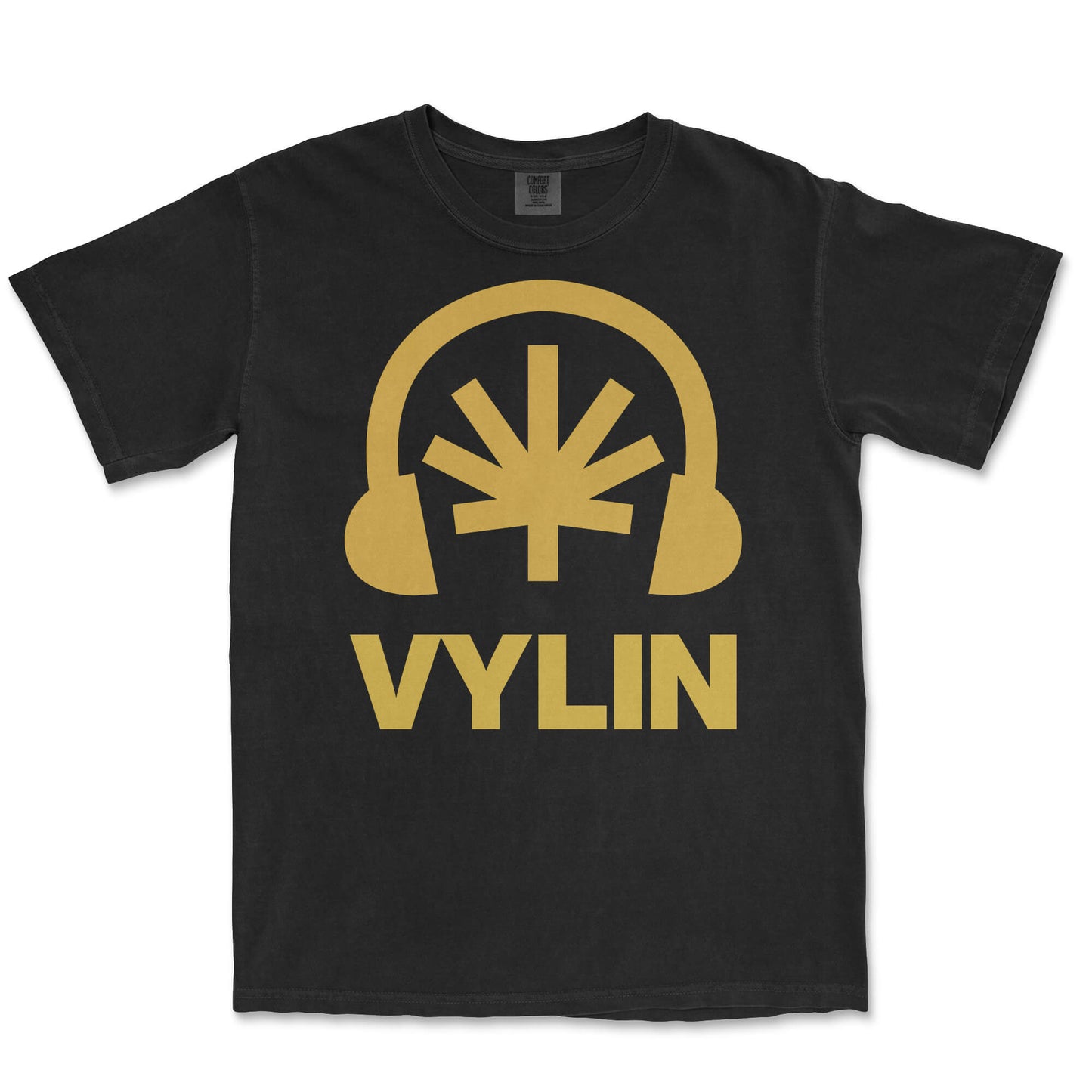 Black tee lay-flat; gold Headphones + leaf + VYLIN word mark front composition