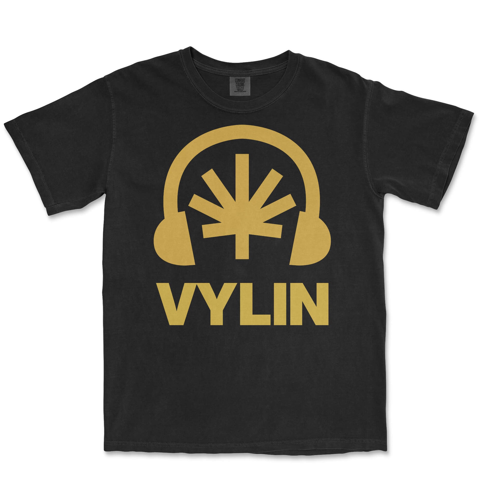 Black tee lay-flat; gold Headphones + leaf + VYLIN word mark front composition
