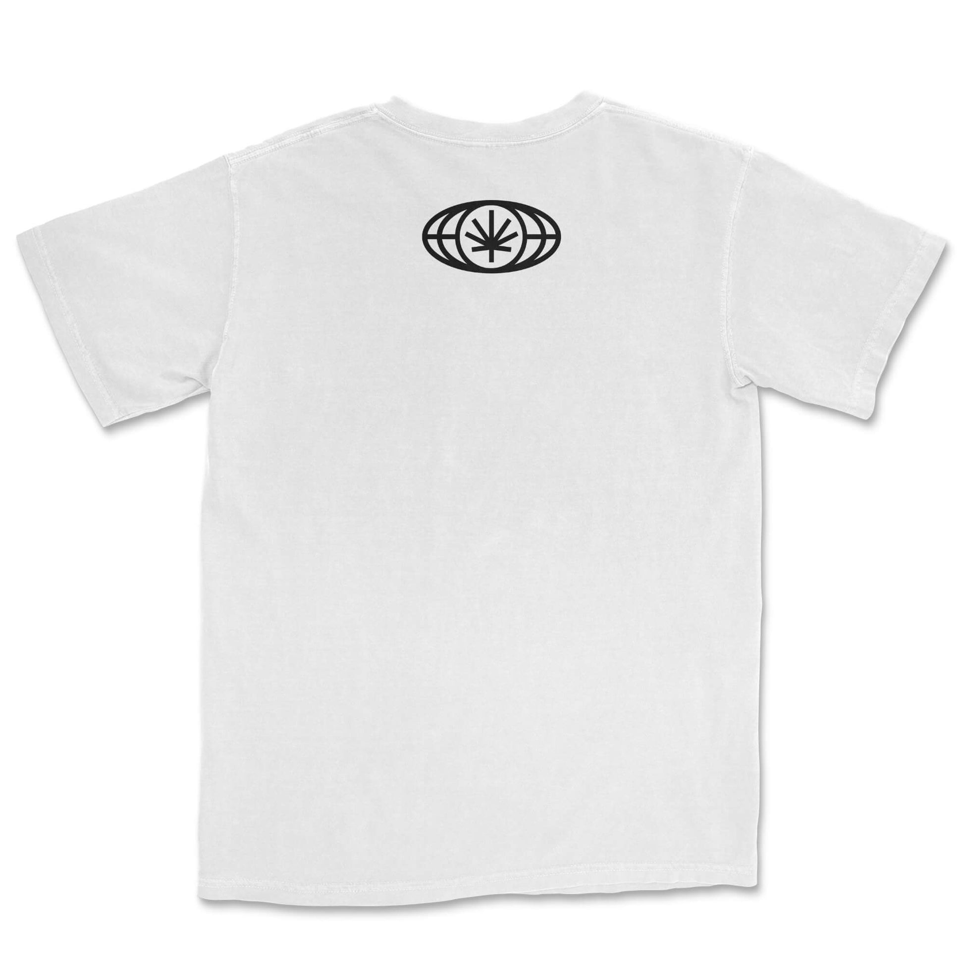 White tee lay-flat; small VYLIN globe icon centered below back neckline