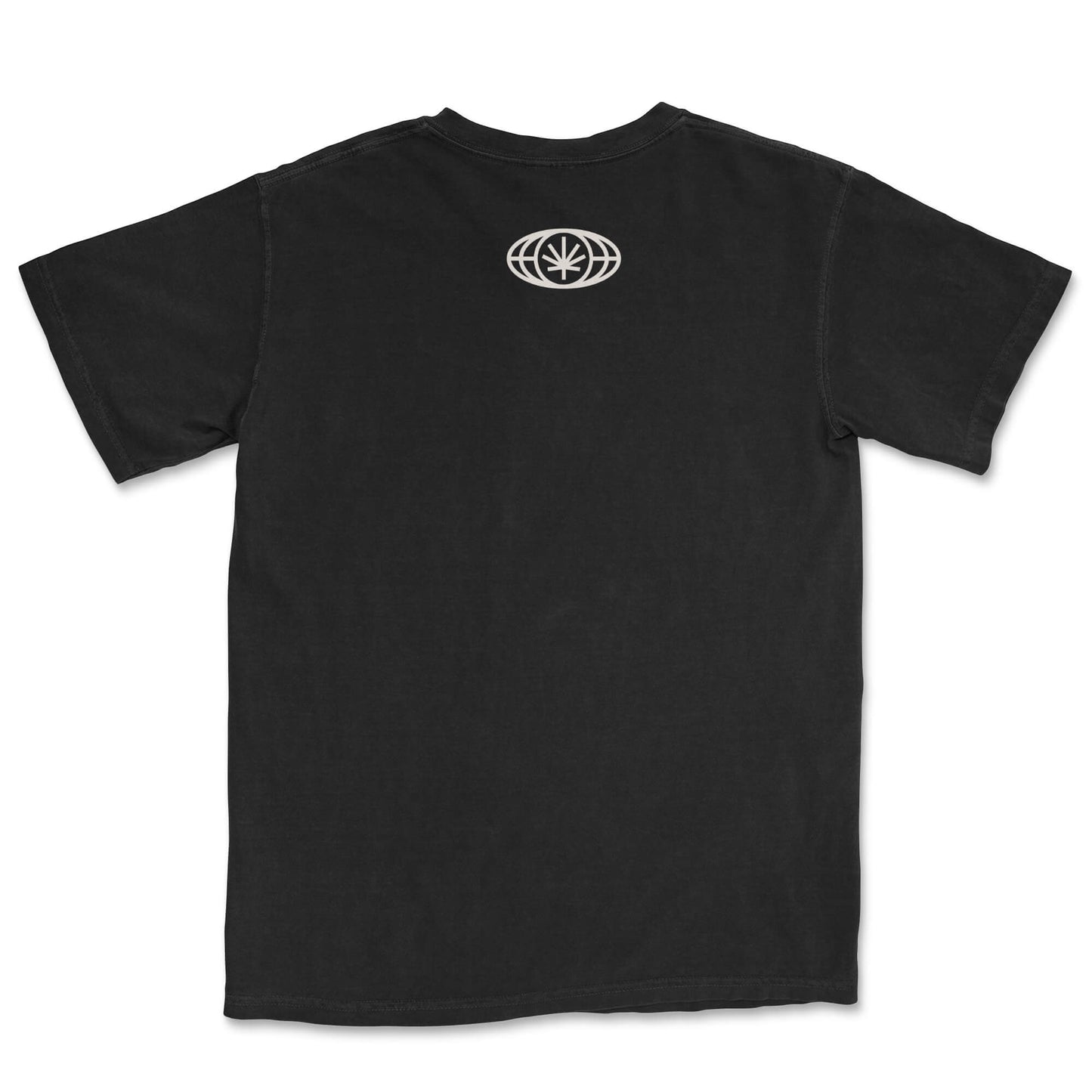 Black tee lay-flat; small VYLIN globe icon centered below back neckline