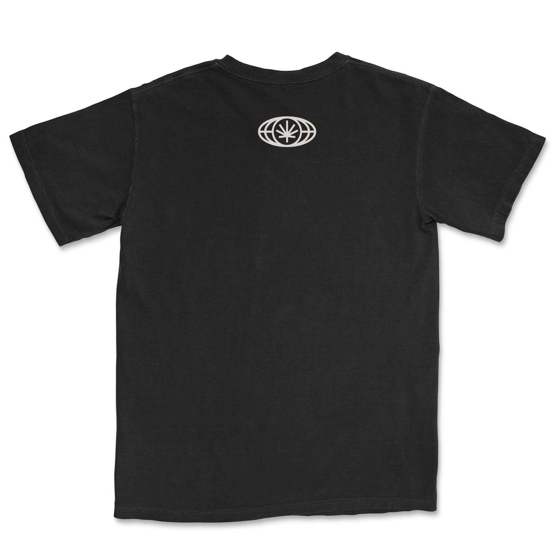 Black tee lay-flat; small VYLIN globe icon centered below back neckline