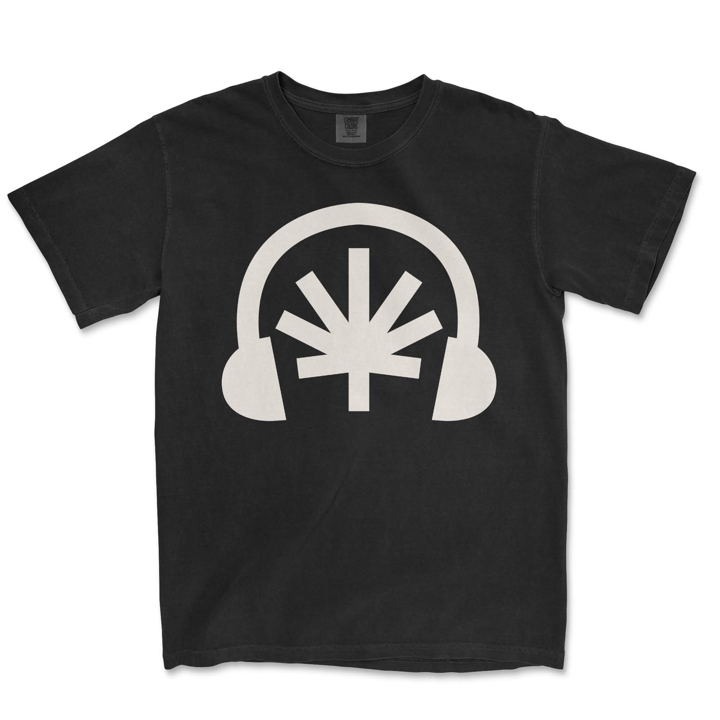 Black tee lay-flat; cream Headphones front graphic with stylized cannabis leaf