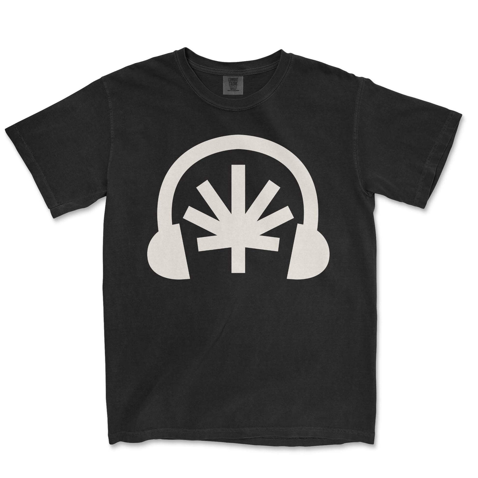 Black tee lay-flat; cream Headphones front graphic with stylized cannabis leaf