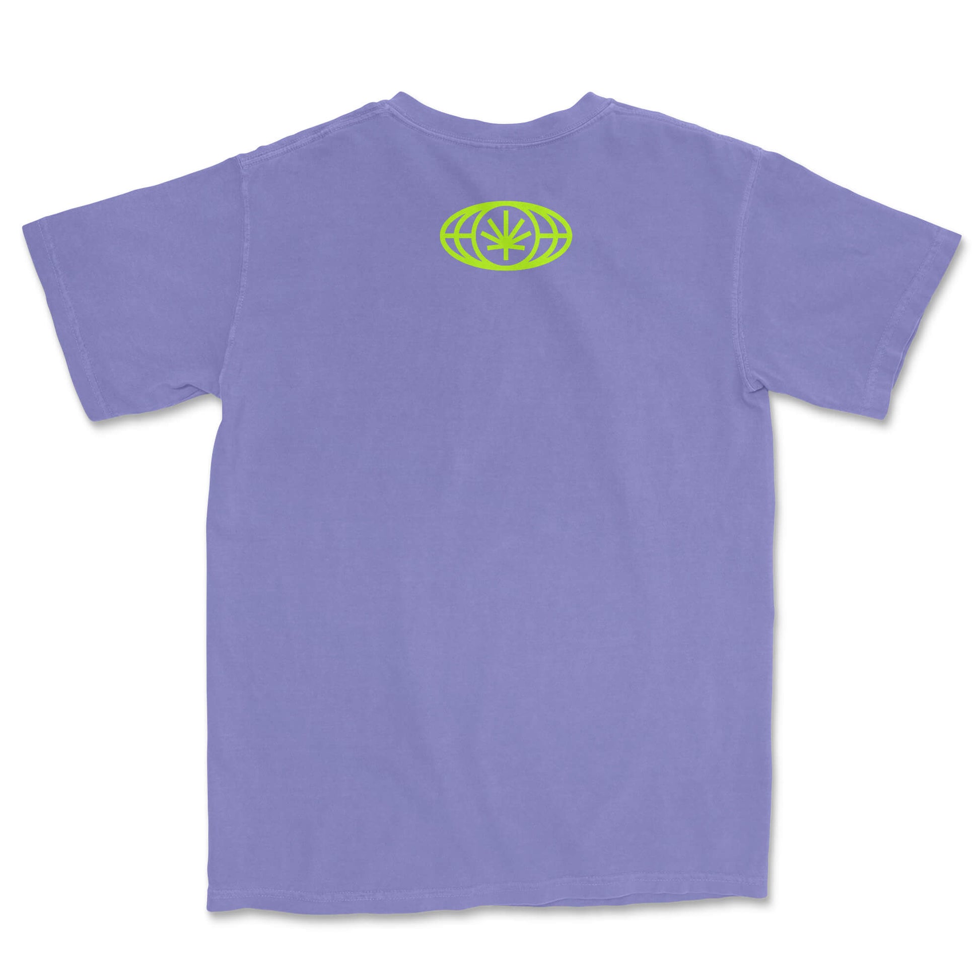 Violet tee lay-flat; small acid green VYLIN globe icon centered below back neckline