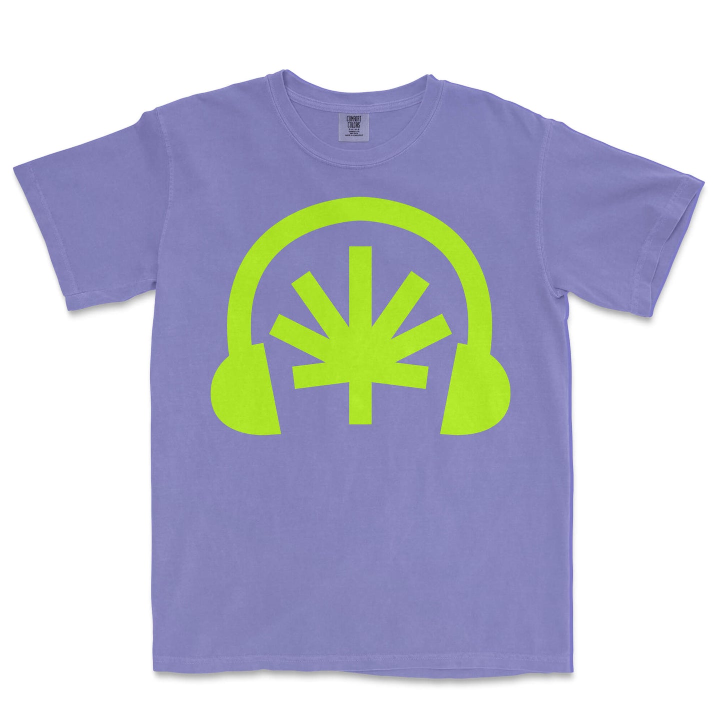 Violet tee lay-flat; acid green Headphones front graphic with stylized cannabis leaf