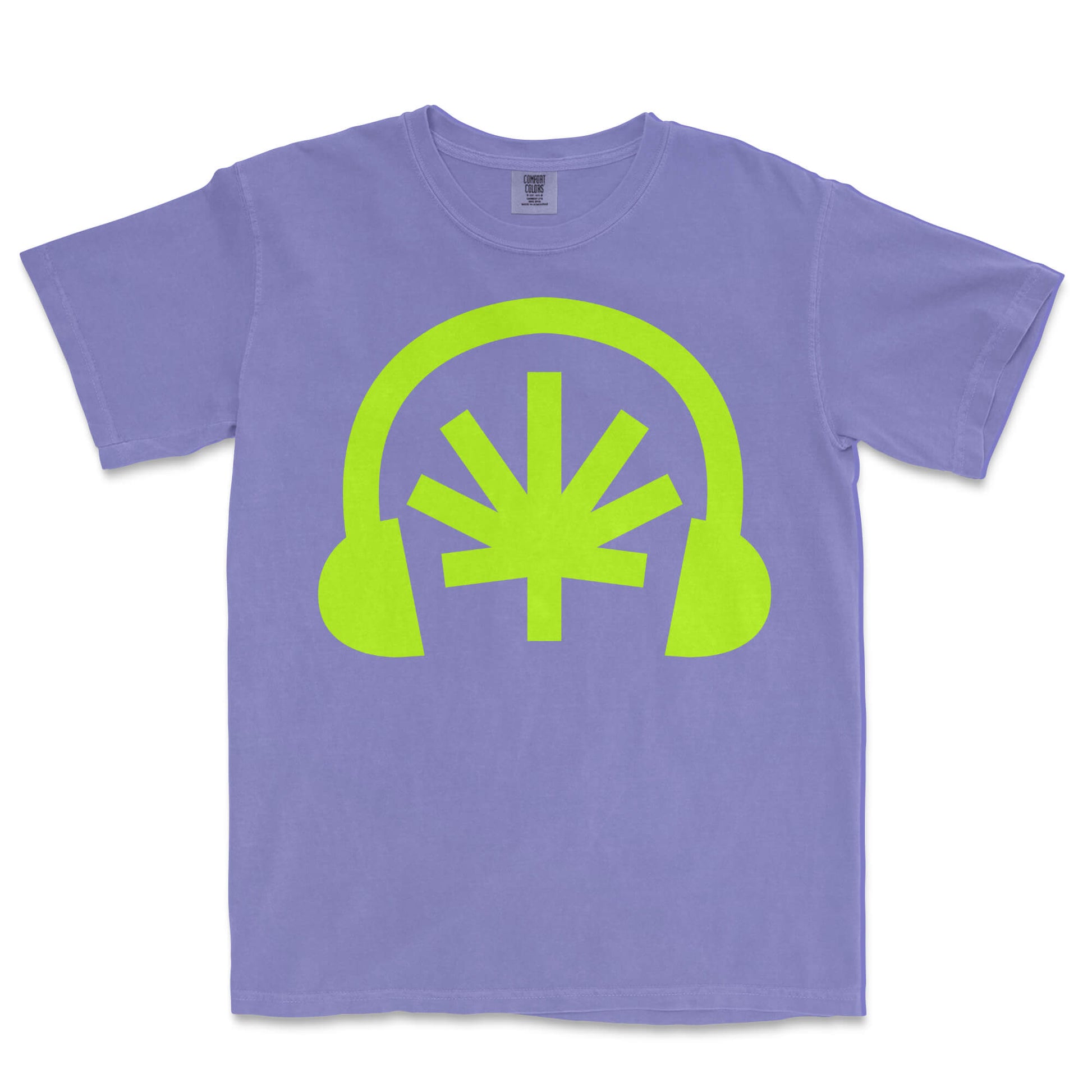 Violet tee lay-flat; acid green Headphones front graphic with stylized cannabis leaf