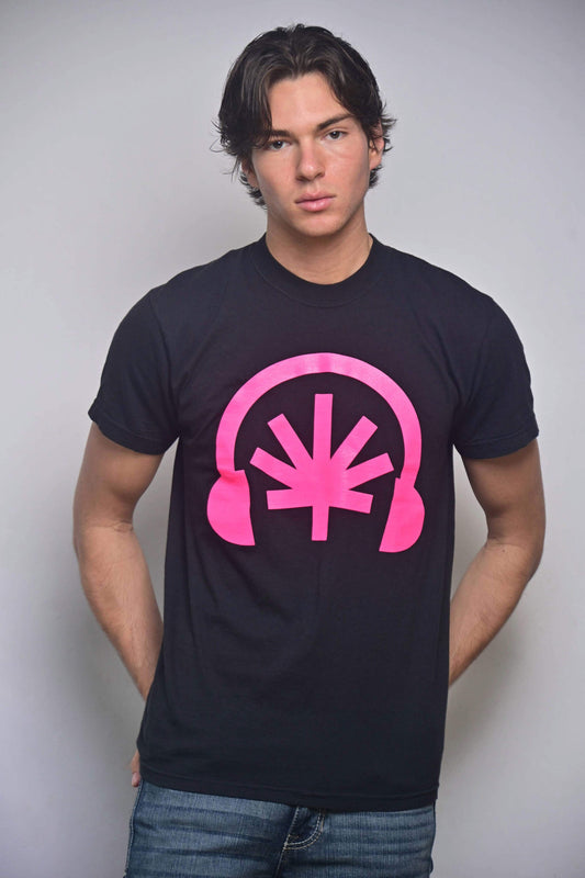 Black tee with hot pink Headphones front graphic featuring a stylized cannabis leaf (front, on-model)