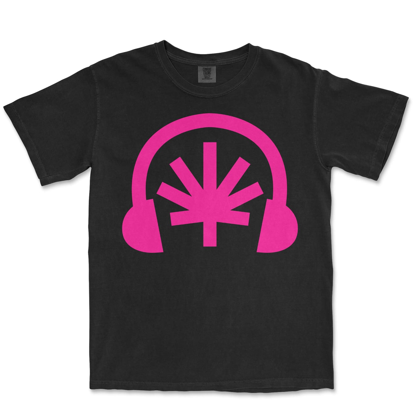 Black tee lay-flat; hot pink Headphones front graphic with stylized cannabis leaf