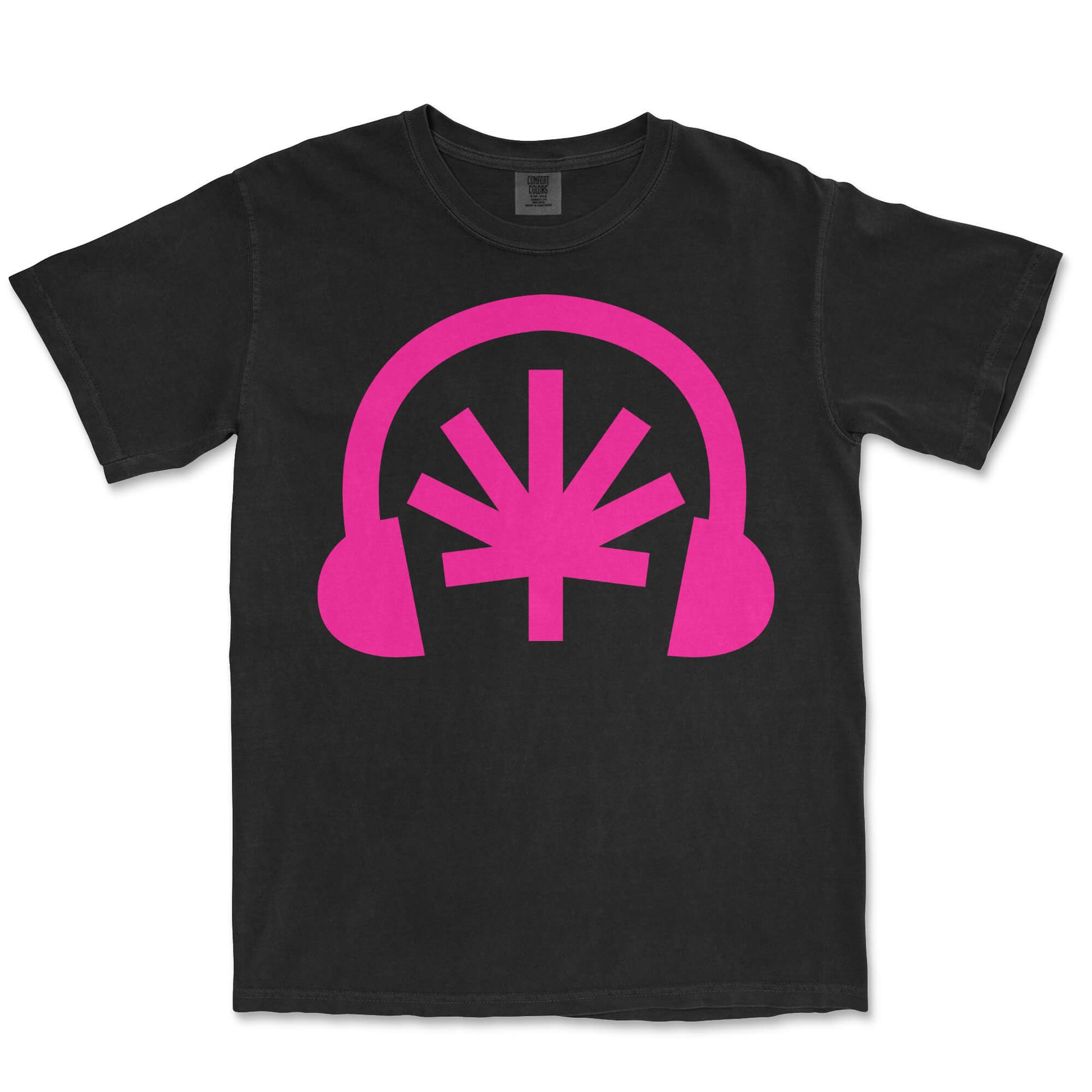 Black tee lay-flat; hot pink Headphones front graphic with stylized cannabis leaf