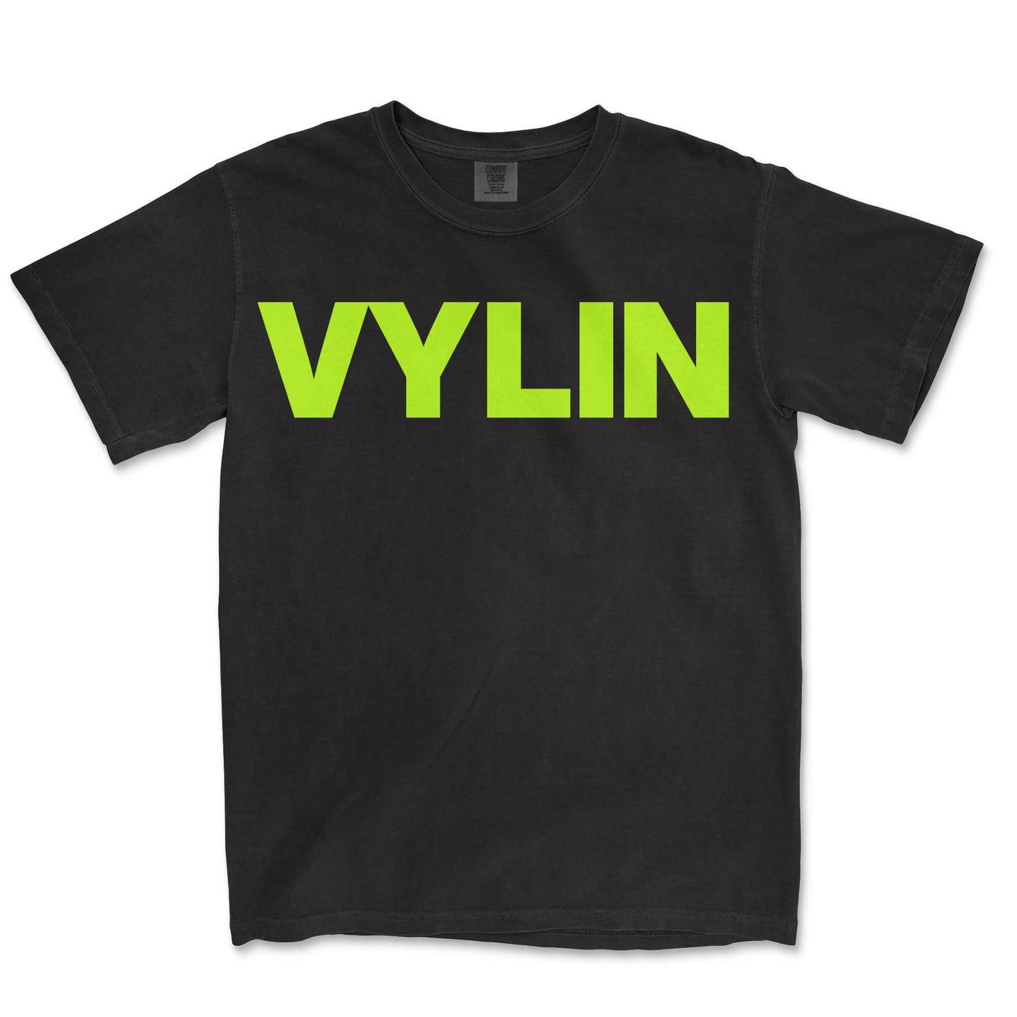 Black tee lay-flat; acid green VYLIN word mark front graphic