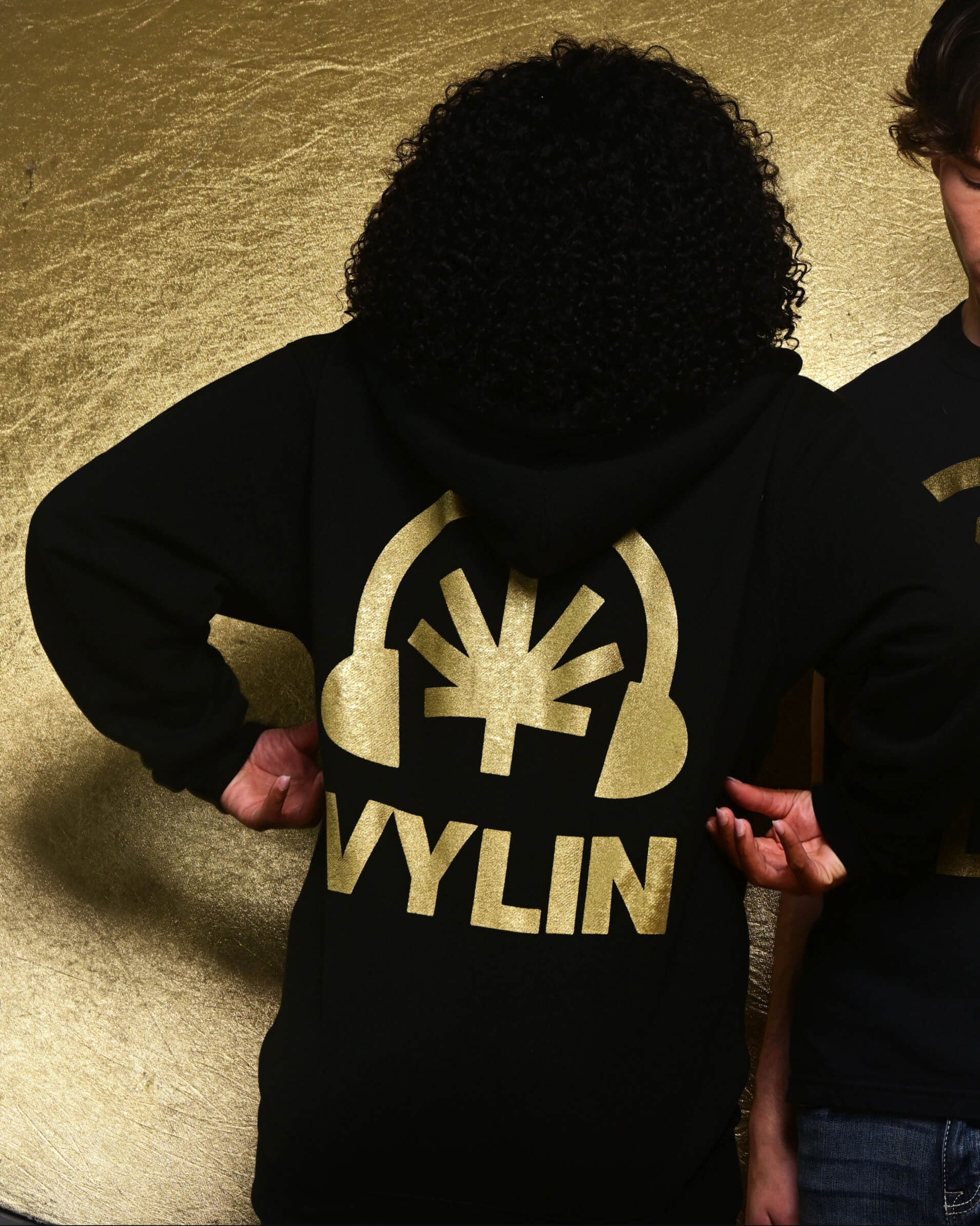 Black zip hoodie with oversized gold Headphones + stylized cannabis leaf + VYLIN word mark back graphic (back, on-model)