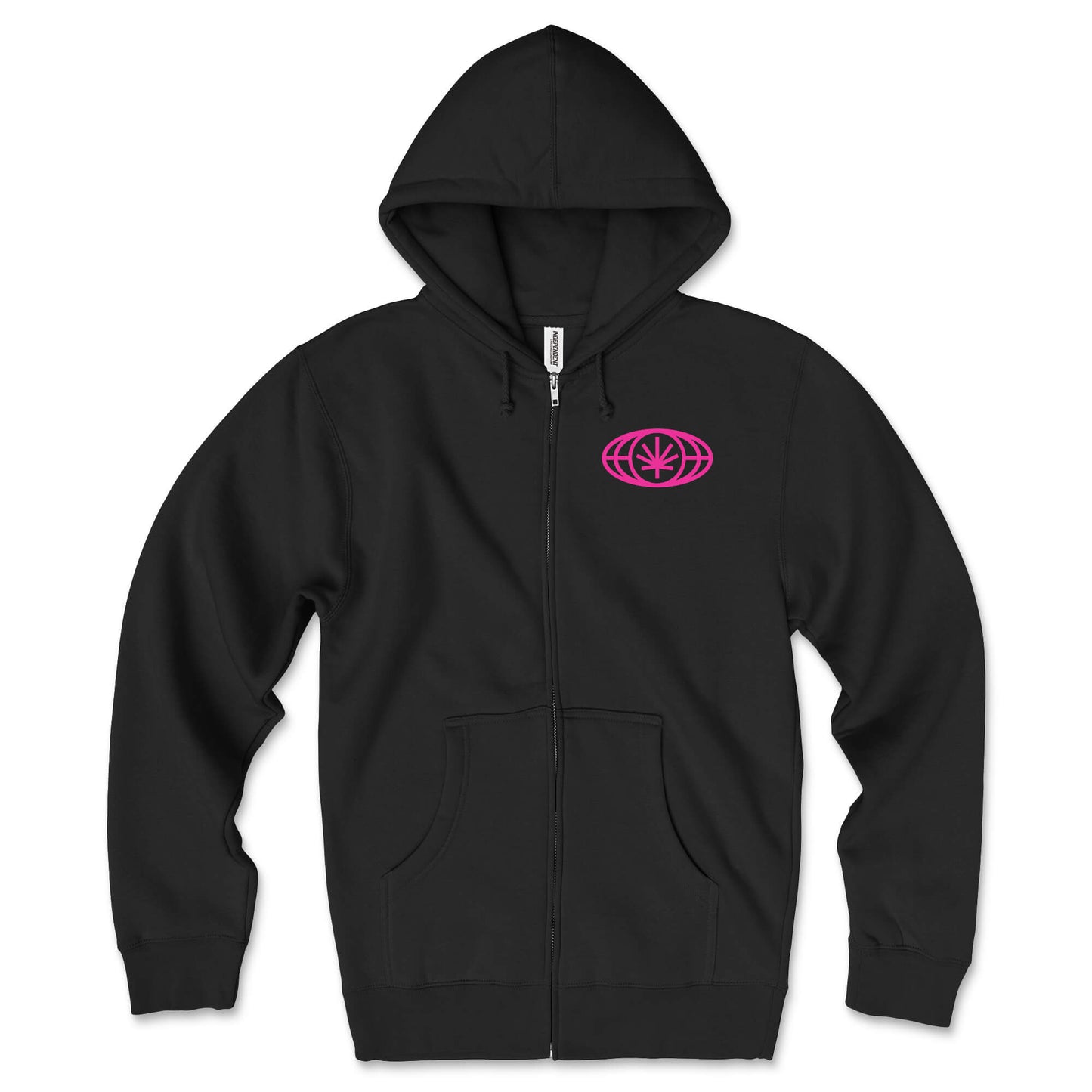 Black zip hoodie lay-flat; small hot pink VYLIN globe icon at left chest