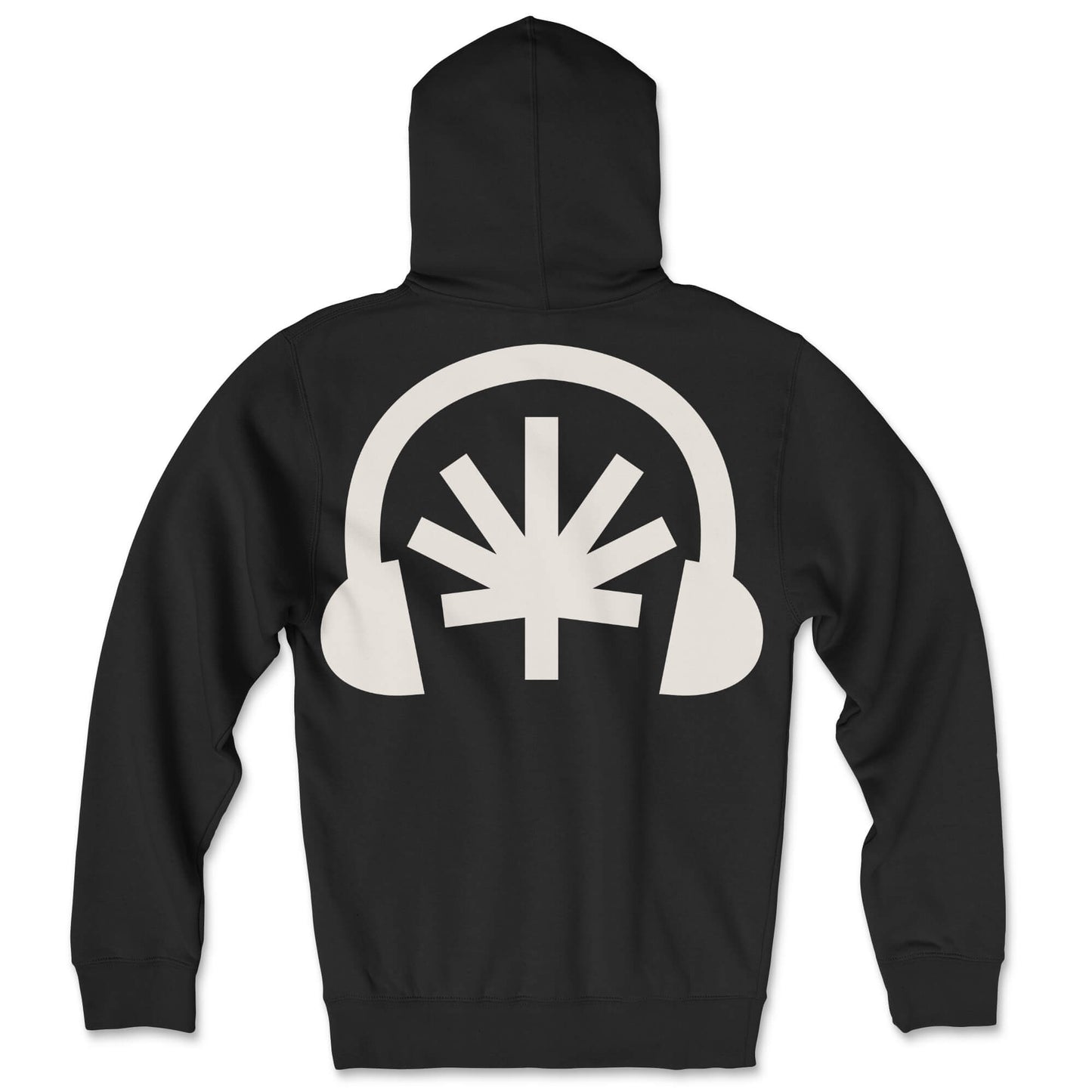 Black zip hoodie lay-flat; oversized cream Headphones back print with stylized cannabis leaf