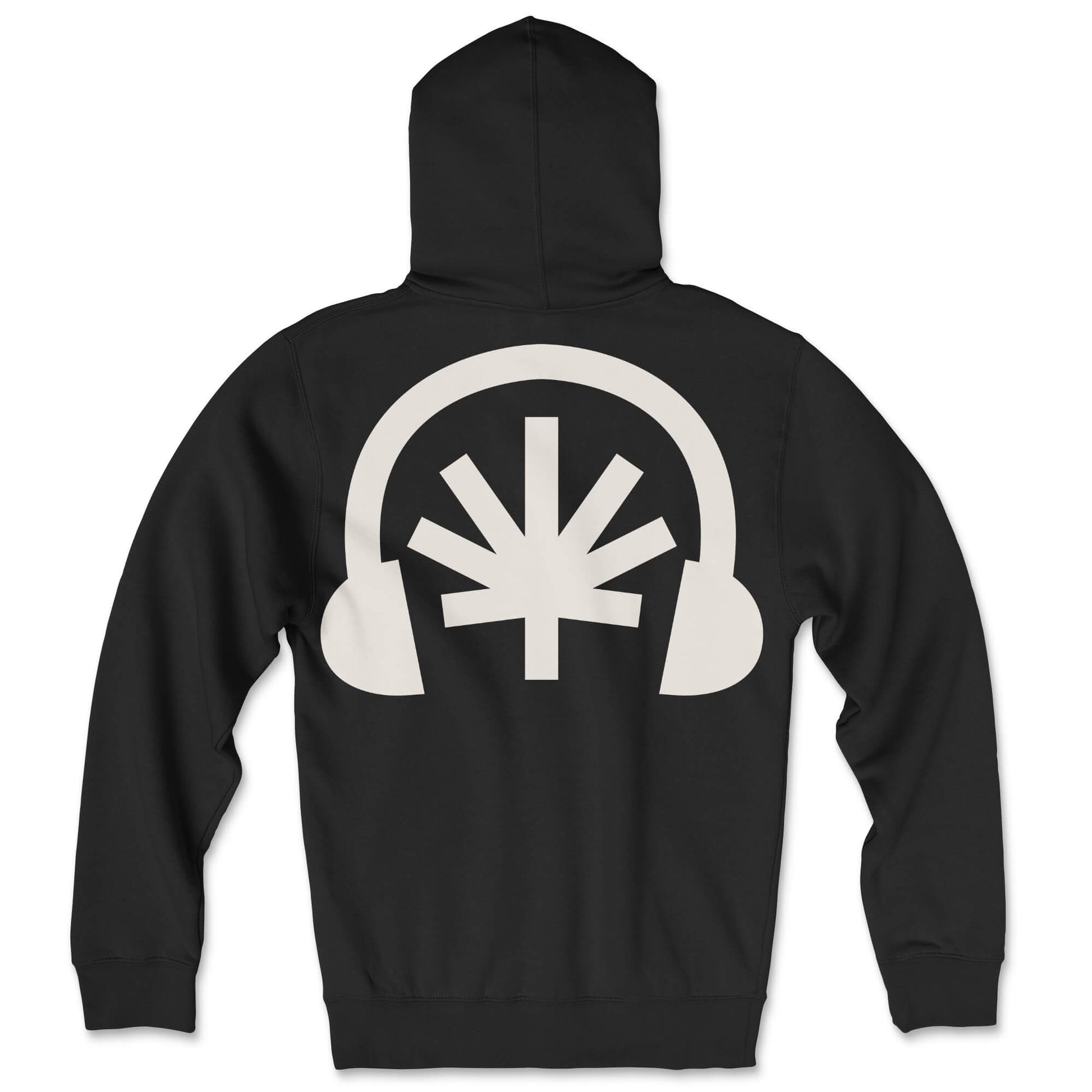 Black zip hoodie lay-flat; oversized cream Headphones back print with stylized cannabis leaf