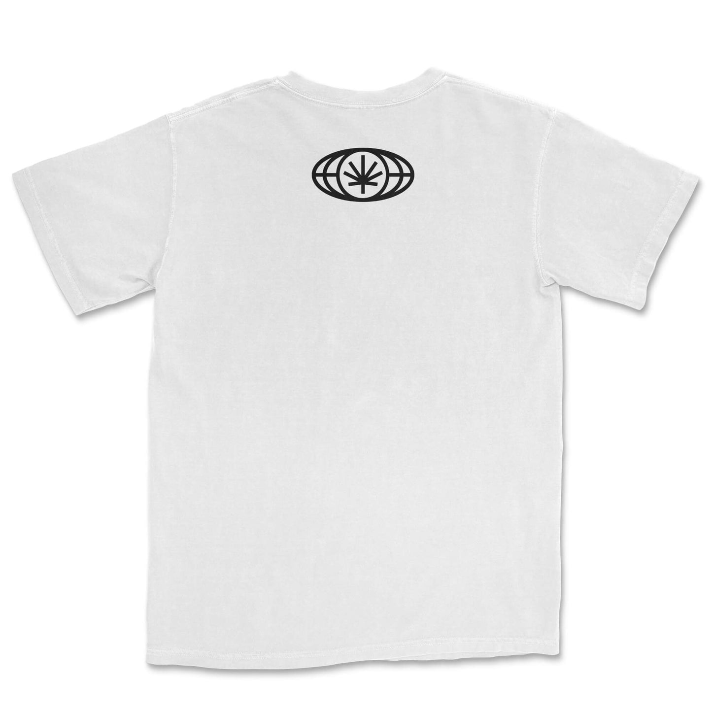 White tee lay-flat; small VYLIN globe icon centered below back neckline