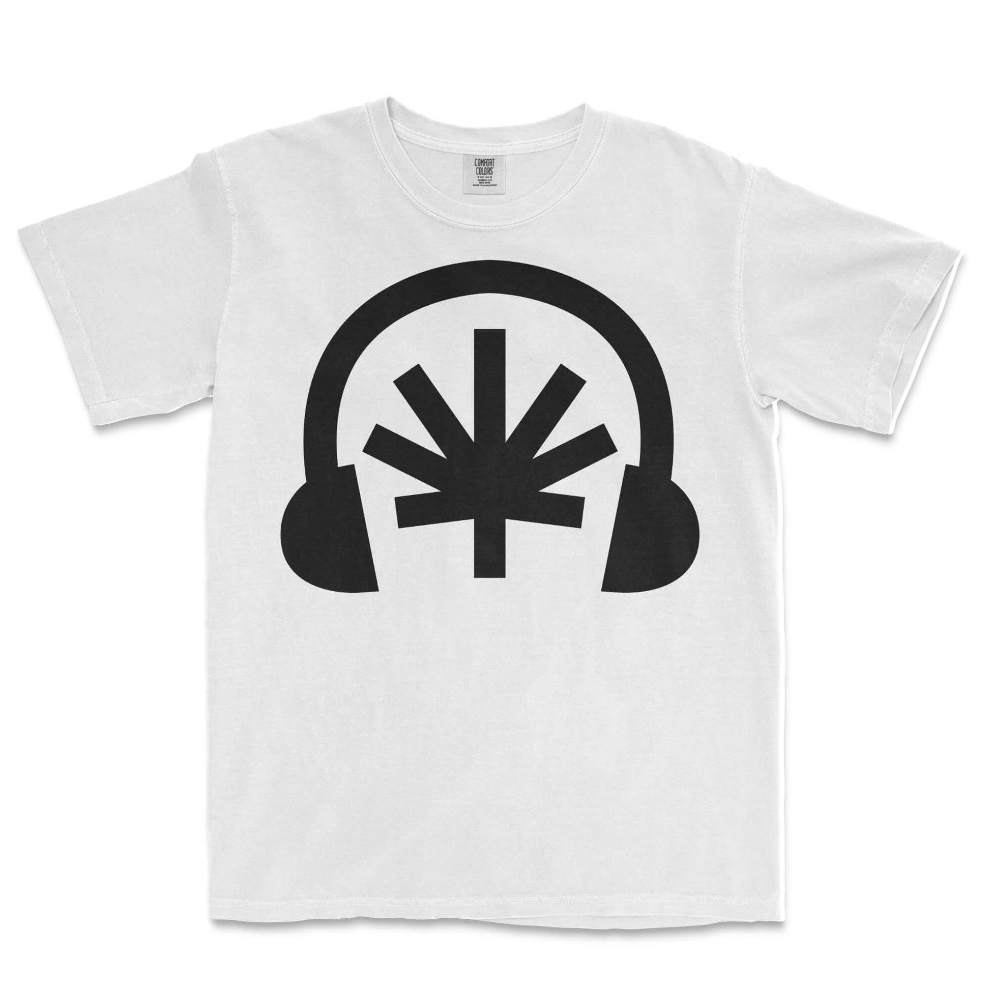 White tee lay-flat; black Headphones front graphic with stylized cannabis leaf