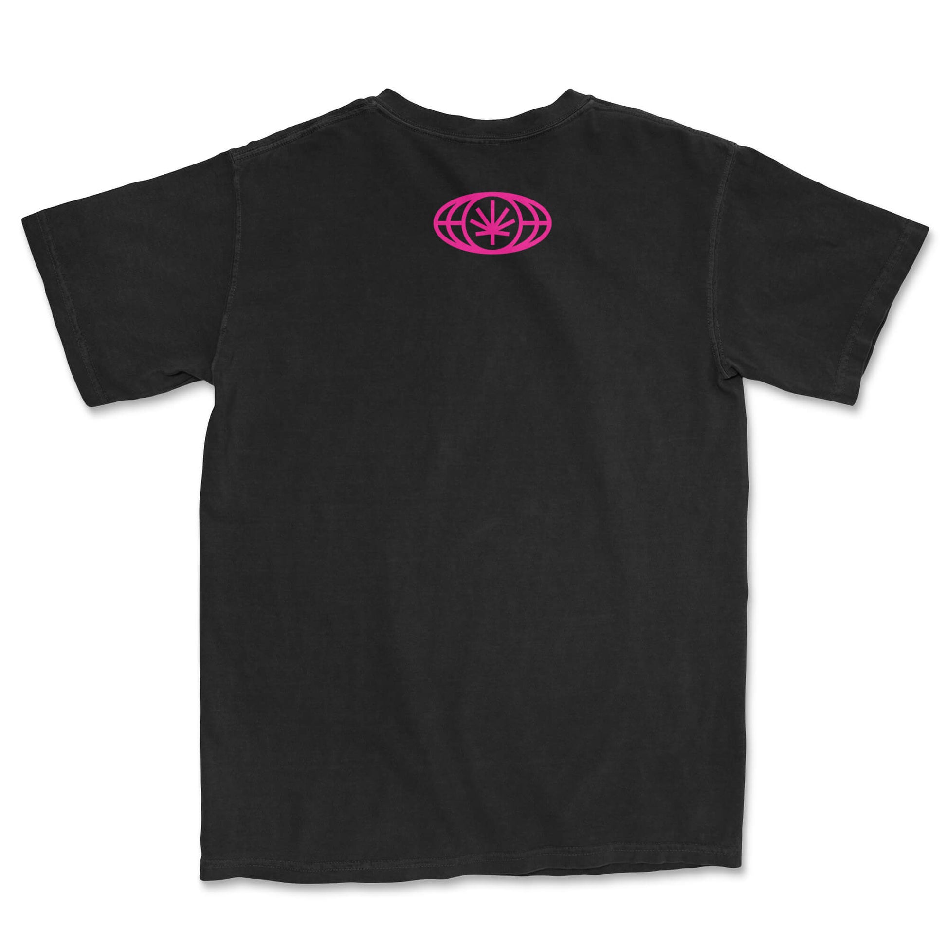 Black tee lay-flat; small VYLIN globe icon centered below back neckline