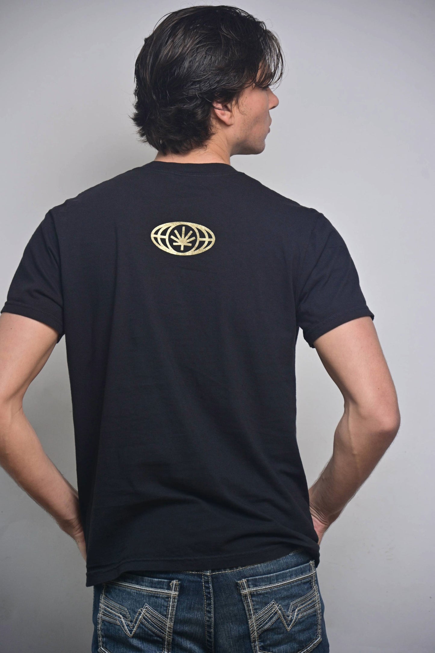 Gold Headphones / Word Mark Combo — Black Tee (Heavyweight)